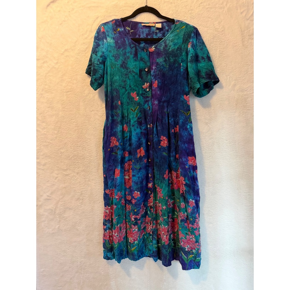 La Cera Blue Tie Dye Floral Rayon Button‎ Front Midi Dress Womens Medium Pockets